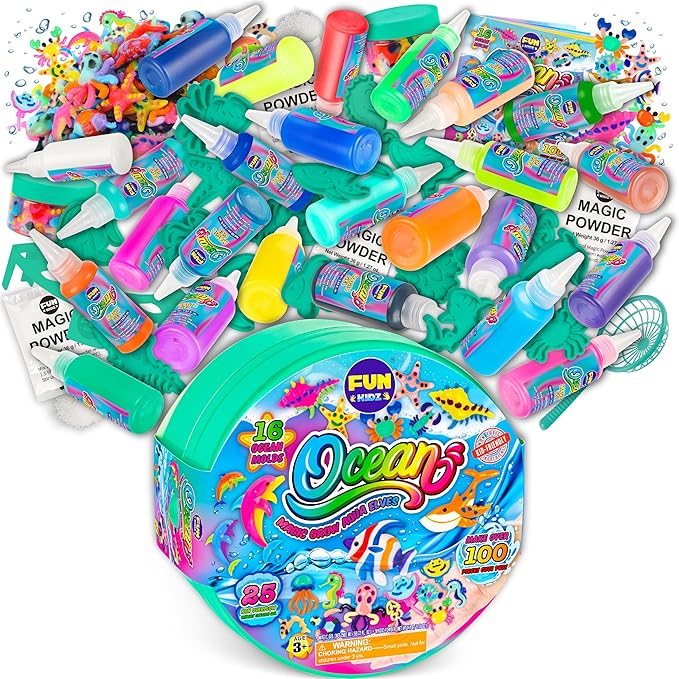 Ocean Magic Water Elves Toys Kit, FunKidz Aqua Squishy Craft Kit for Kids 25 Bright Ocean Colors Gel 16 Ocan Creature Molds Great Birthday Gift for Boys Girls Summer Activities