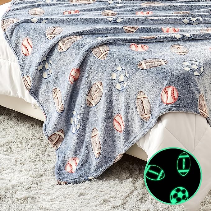 Wajade Sports Balls Gifts Toys for Boys Girls - Glow in The Dark Sports Balls Blanket Birthday Christmas Decor for Kids Age 3 4 5 6 7 8 9 10 11 12 Years Old Teens Child Throw Light Grey 60"x80"
