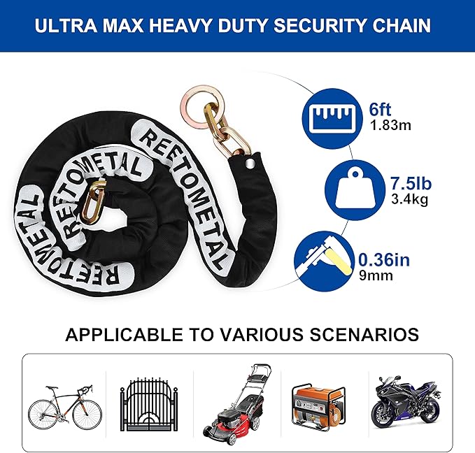 Heavy Duty Security Chain, 6 Foot x 3/8" Thick Hardened Steel Cut Proof Anti-Theft Lock Chain for Motorcycles, Bicycles, ATVs, Trailers, Containers