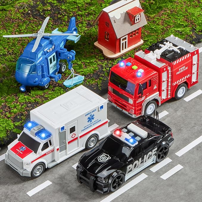 JOYIN 4 Packs Emergency Vehicle Toy Playsets, Friction Powered Vehicles with Light and Sound, Including Fire Truck, Ambulance, Play Police Car and Helicopter, Christmas Toddler Kids Boys Gifts