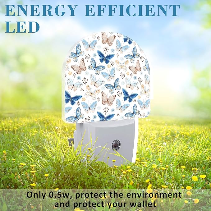Plug in Night Lights Vintage Blue and Brown Butterflies Nightlight Plug Into Wall Dusk to Dawn Sensor LED Night Light for Kid Girls Boys Room Decor,Hallway,Kitchen,Bathroom,Nursery,Stairs