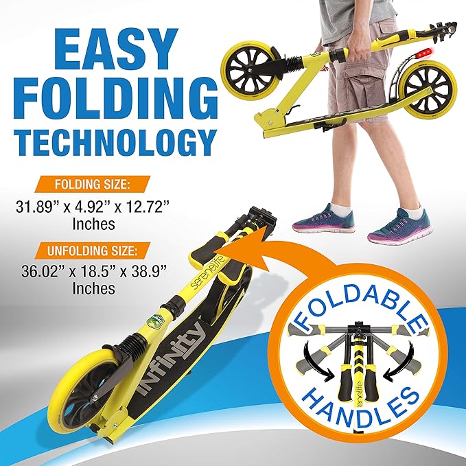 SereneLife Kick Scooter Adult Teenagers Kids- 2 Wheel Kids Scooter with Adjustable T-Bar Handlebar - Alloy Anti-Slip Deck - Portable Folding Scooters for Kids with Carrying Strap