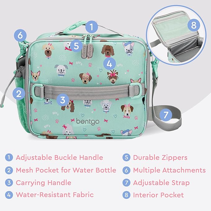 Bentgo Kids Lunch Bag - Durable, Double-Insulated Lunch Bag for Kids 3+; Holds Lunch Box, Water Bottle, & Snacks; Easy-Clean Water-Resistant Fabric & Multiple Zippered Pockets (Puppy Love)