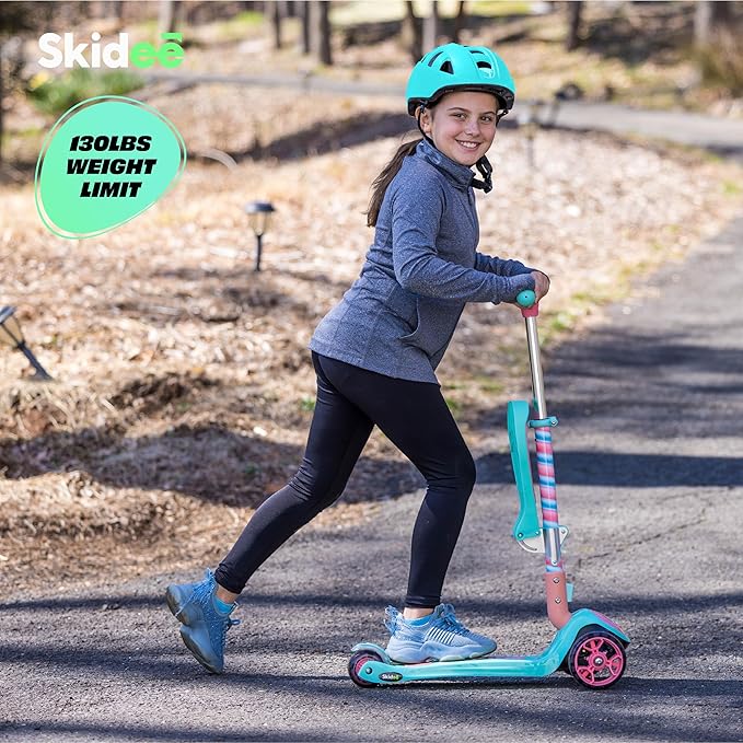 SKIDEE Kick Scooters for Kids Ages 3-5, Adjustable Height Foldable Scooter with Removable Seat, 3 LED Light Wheels, Rear Brake, Wide Standing Board, Suitable Up to 12 Year Old Boys/Girls