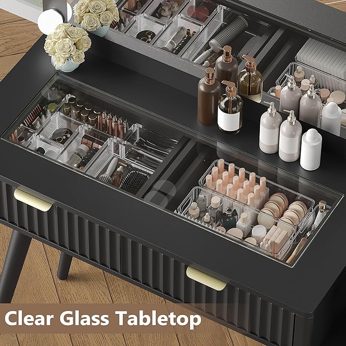 Makeup Vanity Desk with Mirror and Lights, 45" Fluted Wood Vanity Desk with Glass Top, 5 Drawers & RGB Glass Cabinet, Power Outlet, Mid Century Modern Dressing Table Set for Women Girls Bedroom