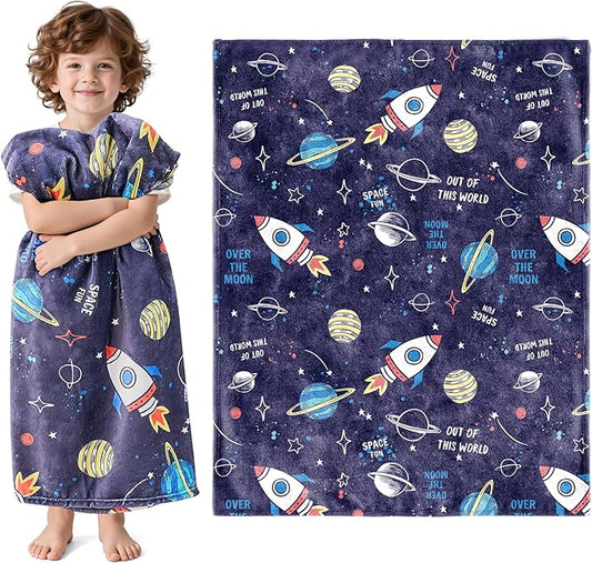 Wajade Toddler Fleece Space Blanket for Boys Kids 3D Rocket Planets Soft Throw Blanket Birthday Christmas Halloween Space Decor for Children 50"x60"