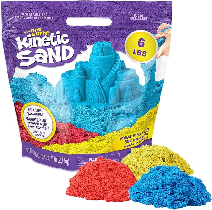 Kinetic Sand, 6lbs Mega Mixin’ Bag with Red, Yellow & Blue Play Sand, Amazon Exclusive (Packaging May Vary), Sensory Toys, Holiday Gifts & Stocking Stuffers for Kids Ages 3 and up