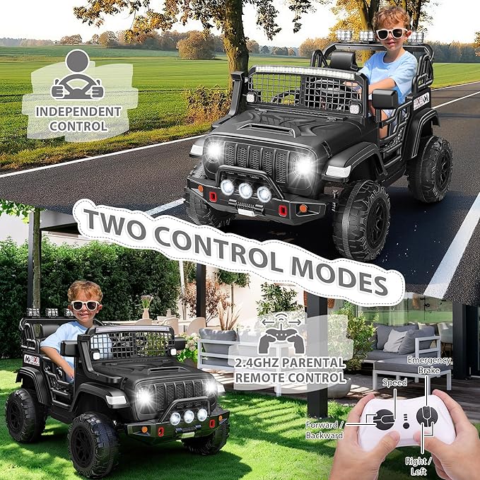 Hikole 24V 2 Seater Electric Ride on Toys Car for Kids 4-8, Remote Control, 2X200W Powered Wheels, 20'' Wide Seats, Sping Suspension, Bluetooth & Music, 110LBS MAX Load, LED Lights, 3 Speeds, Black