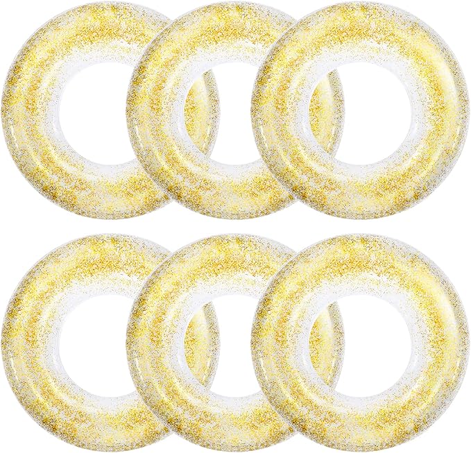 6 Pcs Inflatable Pool Float Tube 30 Inch Swimming Ring with Confetti Glitter Inner Tubes Transparent Swim Floaties Funny Water Floats Toys for Kids Adults Beach Party Supplies (Gold)