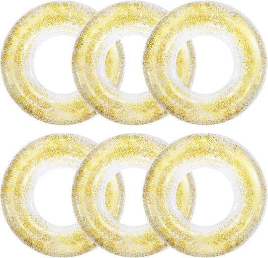 6 Pcs Inflatable Pool Float Tube 30 Inch Swimming Ring with Confetti Glitter Inner Tubes Transparent Swim Floaties Funny Water Floats Toys for Kids Adults Beach Party Supplies (Gold)