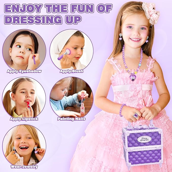 99 Pcs Kids Makeup Kit for Girls, Princess Toys Real Washable Cosmetics Set with Mirror, Hair Ties, Nails, Rings, Earrings, Necklace, Perfect for 3 4 5 6 7 8 Year Old Girls Birthday