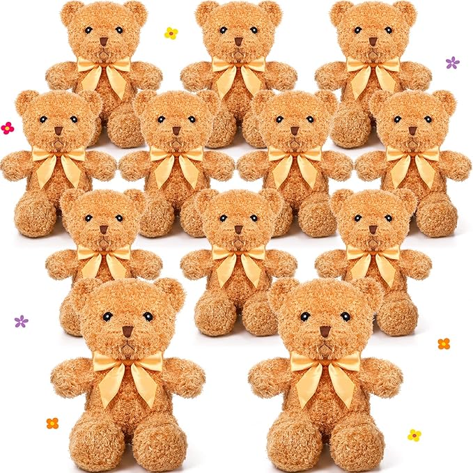 HyDren 12 Pack 12 Inch Stuffed Bear Animal Cute Bulk Plush Toys with Ribbon Bow Ties Soft Bears for Baby Shower Birthday Party Favors(Light Brown)
