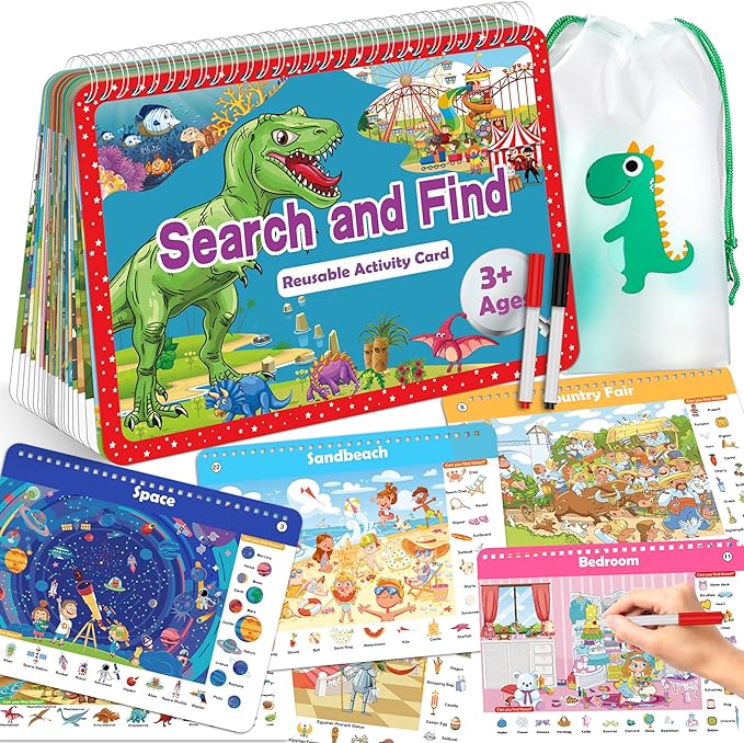 Search and Find Book for Kids Ages 4-6,3-8, Reusable Activity Pad with 24 Toddler Activities Books, Educational Toys for 3+ Year Old, Toddler Airplane Travel Essentials, Travel Toys for Kids 4-8