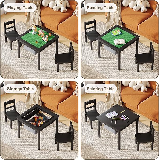 Treocho Wooden Kids Table and Chair Set with Reversible Tabletop, 2 in 1 Toddler Desk with Storage Drawers, Kids Activity Table with Blocks Building Baseplate for Playing, Reading, Drawing, Black