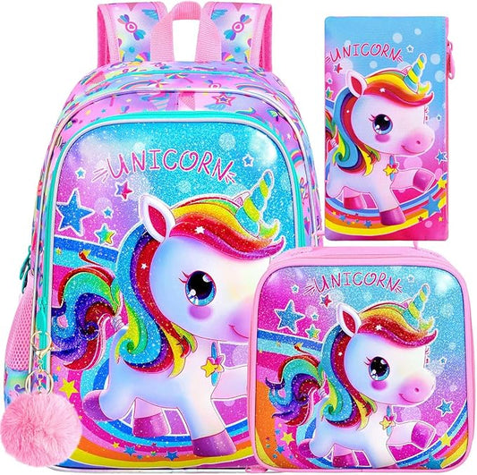 CCJPX 3PCS Kids Backpack for Girls, 16”Unicorn Preschool Bookbag Set, Cute Water Resistant School Bag for Elementary Kindergarten Toddler