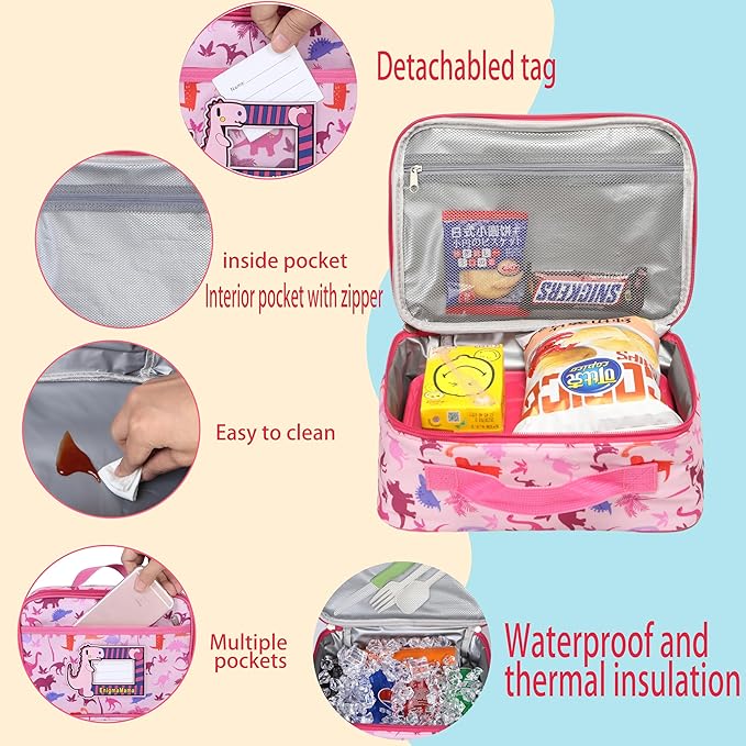 Pink Dinosaur Lunch Box Girl Lunch Bag with Name Tag Reusable 4-6hrs Insulated Square Portable Lunch Bag for Toddler Small Leakproof Cute Cooler Organizer Tote bag (Pink bag)