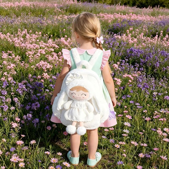 Gloveleya Toddler Backpack Plush Bag with White Bunny Detachable Design 11-inch Gift for Girl