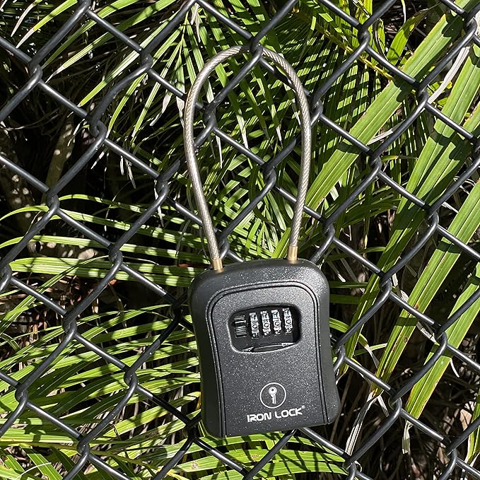 Iron Lock® Portable Key Lock Box and Wall Mount with Removable Cable Shackle Outdoor Waterproof 4 Digit Combination with Resettable Code with A B Switch Key Lockbox for Outside (Medium, Black)