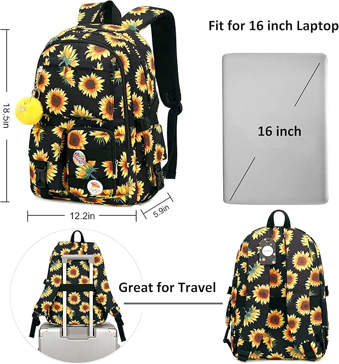 Hidds Laptop Backpacks 16 Inch School Bag College Backpack Anti Theft Travel Casual Daypack Bags Cute Bookbags Large Colorfull Carry on Back Pack for Teens Girls Women Students (Sun Flower Black)