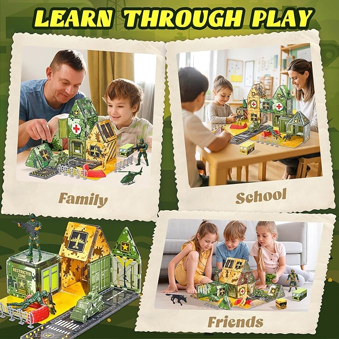 Magnetic Tiles Road Building Toys Set with Magnetic Blocks and Army Toys Accessories, Military Magnetic Blocks for Kids Ages 3-5 4-8, STEM Educational Sensory Magnet Toys Birthday Gifts for Boys Girls