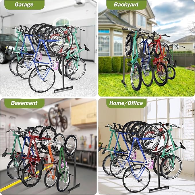 5 Bikes Floor Stand, Adjustable Bicycle Parking Rack with Hook for Garage, Indoor, Outdoor, Free Combination Bike Storage Cycle Rack for Mountain, Road and Kids Bikes, Max Tire Width 2.5”