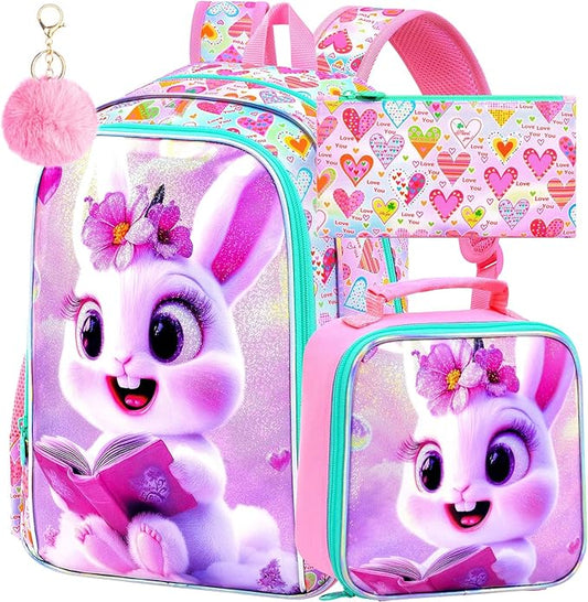 CCJPX 3Pcs Bunny Backpack for Girls, 16” Kids Bookbag with Lunch Box, Water Resistant Elementary School Bag for Kindergarten Preschool Toddler (Pink)