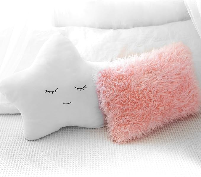 Perfectto Design Set of 2 Decorative Pillows, Toddler Room. Star Fluffy White Embroidered and Furry Pink Faux Fur Soft and Plush Girls Pillows – Throw Pillows for Kid’s Bedroom Décor