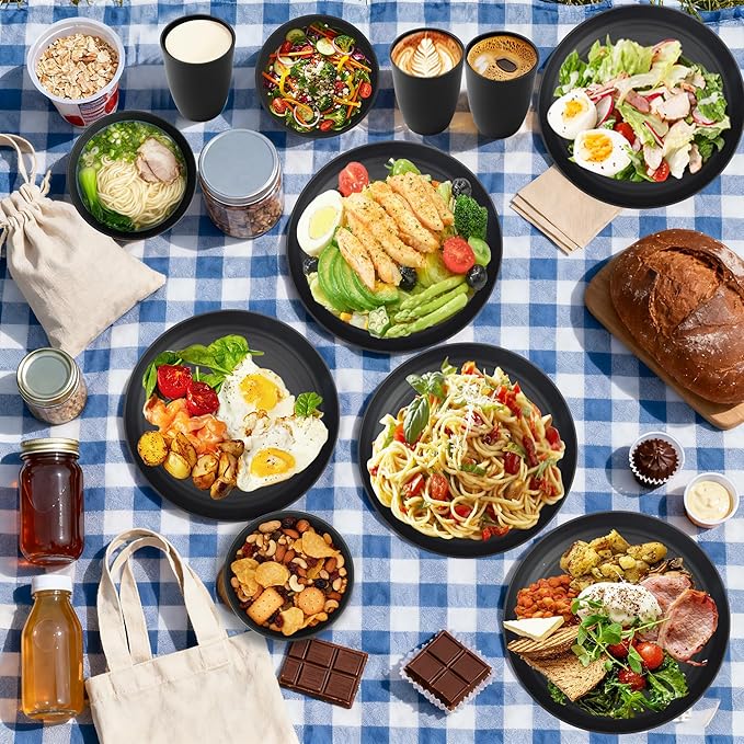 Wheat Straw Dinnerware Sets, Unbreakable Kids Plates and Bowls Sets 20-Piece Service for 4, Alternative Plastic Outdoor Camping Dishes, Microwave & Dishwasher Safe - Black