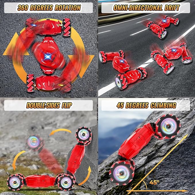 Pristar RC Stunt Cars, Gesture Sensing Remote Car Toys for 6-12 Boys Girls, 2.4Ghz Hand Remote Control Car with Spray Lights Music 360° Rotation 4WD Off-Road, Birthday Xmas Gifts for Kids Age 6-12