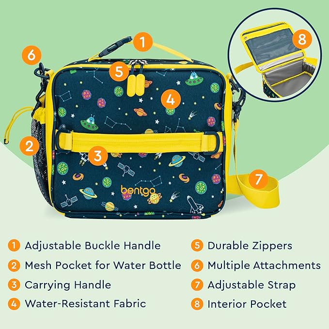 Bentgo Kids Lunch Bag - Durable, Double-Insulated Lunch Bag for Kids 3+; Holds Lunch Box, Water Bottle, & Snacks; Easy-Clean Water-Resistant Fabric & Multiple Zippered Pockets (Space)