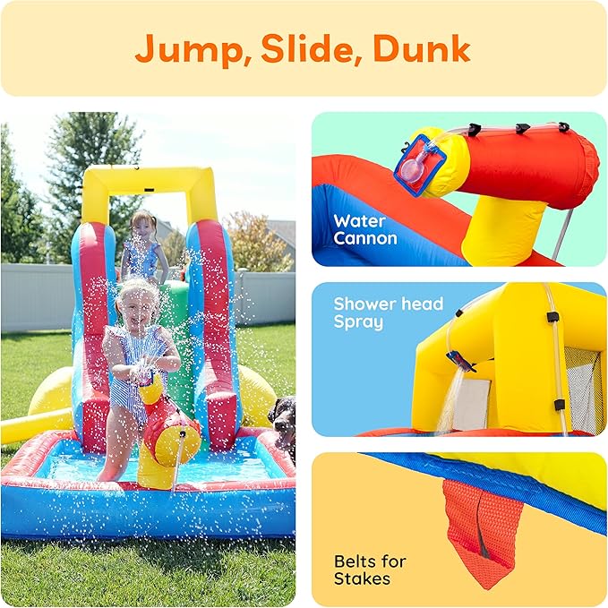 PicassoTiles KC108 Water Slide Park Inflatable Bouncing House w/Pool Area (Splash Zone), Climbing Wall, Shower Head Sprays Mounts, Water Cannon Mount and Heavy Duty GFCI ETL Certified 385W Blower