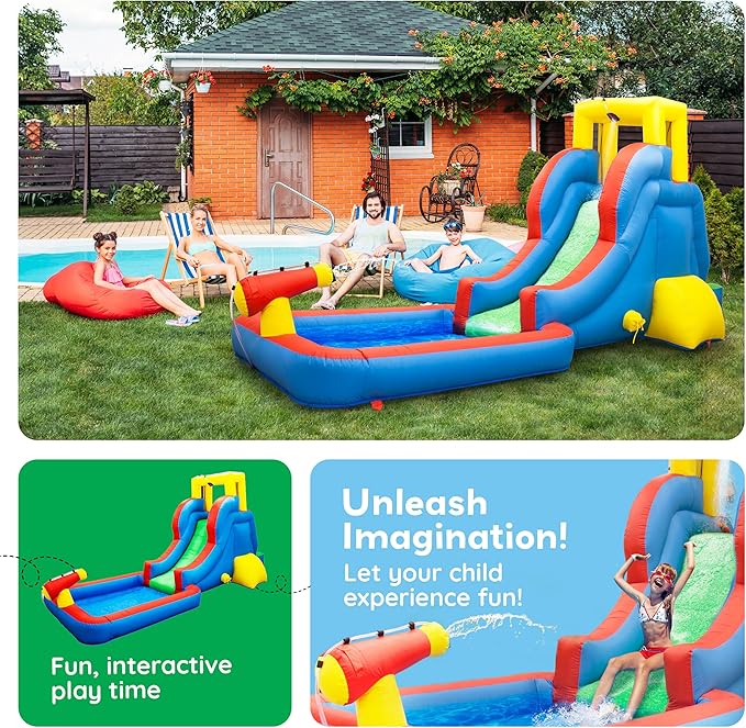 PicassoTiles KC108 Water Slide Park Inflatable Bouncing House w/Pool Area (Splash Zone), Climbing Wall, Shower Head Sprays Mounts, Water Cannon Mount and Heavy Duty GFCI ETL Certified 385W Blower