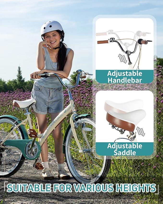 24 Inch 6-Speed Hybrid Beach Cruiser Bike for Girls Youth Ages Over 8 Years Old Kids Bicycle with Dual V-Brakes Adjustable Seat, Multiple Colors