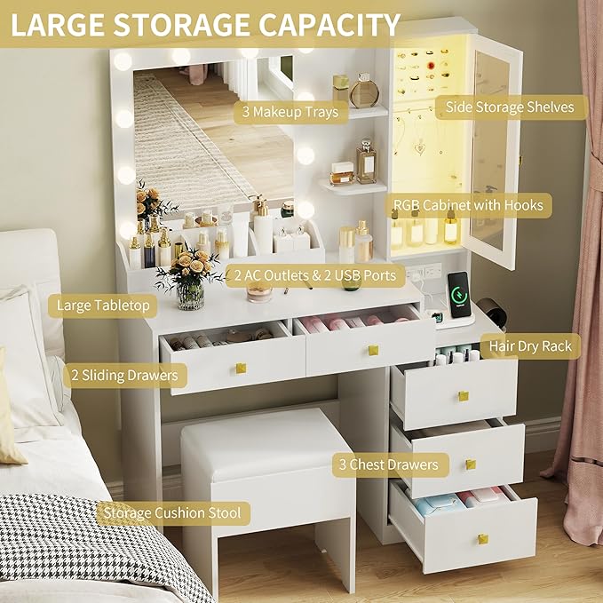 Vanity Desk with Mirror and Lights,Makeup Table with Charging Station & RGB Storage Cabinet,Large Drawer & Storage Shelves,5 Drawer,Bedroom Dressing Table, White