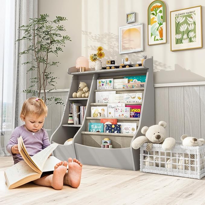 FKWin Montessori Bookshelf and Toy Storage Organizer - 5-Tier Kids Book Shelf for Kids Rooms,Deer Head Montessori Shelf,Grey