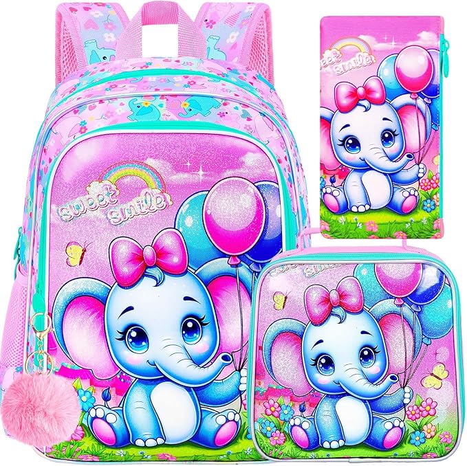 CCJPX 3PCS Backpack for Girls, 16”Elephant Bookbag with Lunch Box, Kids Water Resistant Elementary School Bag for Preschool Kindergarten Toddler