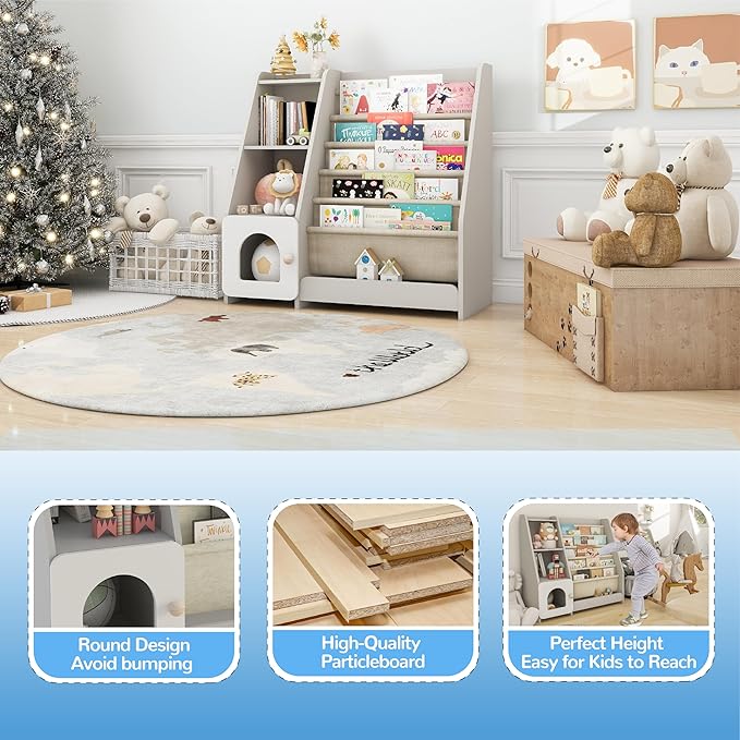 FKWin Kids Bookshelf, Kids Toy Storage Organizer, Baby Storage Book Rack, 4 Tier Kids Wooden Bookshelves, 5 Layer Sling Bookcase for Playroom, Bedroom, Living Room, Kids Room, Nursery, School (Gray)