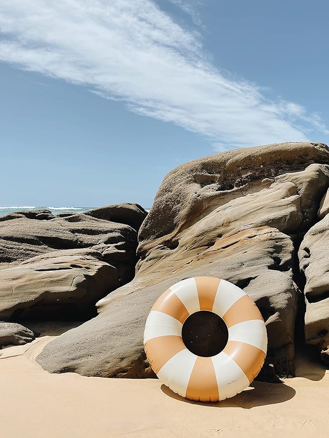 Petites-Pommes Tubes for Kids - Durable Pool Float, Handprinted Classic Striped Design Striped Swim Tube, Soft Comfort Seaming, Packable Floats for Travel, Light Brown, 35 inch