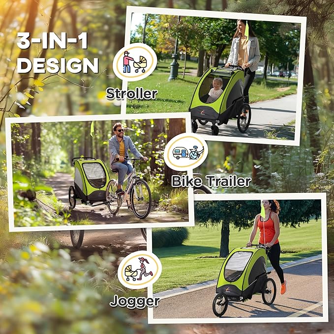 Aosom Bike Trailer for Kids 3 In1 Foldable Child Jogger Stroller Baby Stroller Transport Carrier with Shock Absorber System Rubber Tires Adjustable Handlebar Kid Bicycle Trailer