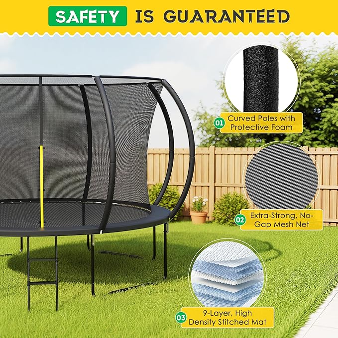 10 FT 12 FT 14 FT Trampoline for Kids Adults, ASTM Approved, Outdoor Round Trampoline with Enclosure Net Ladder, Recreational Trampolines for Backyard Family Play