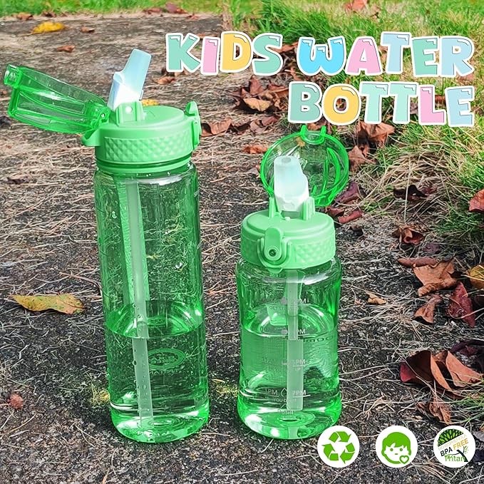 OLDLEY 12oz Kids Motivational Water Bottle for School Girls & Boys, Leak-Proof Tritan BPA-Free, Reusable Bottle with Silicone Straw, Pear