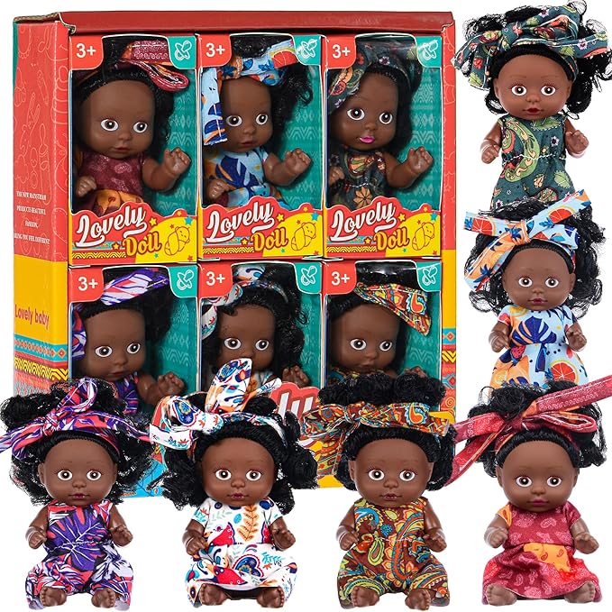 6 Pack 4 Inch African Girl Dolls Set - Black Mini Dolls with Colorful Outfits & Hairbands – Gift for Girls 3-6, 6-12 Educational Toys & Decorative Figures