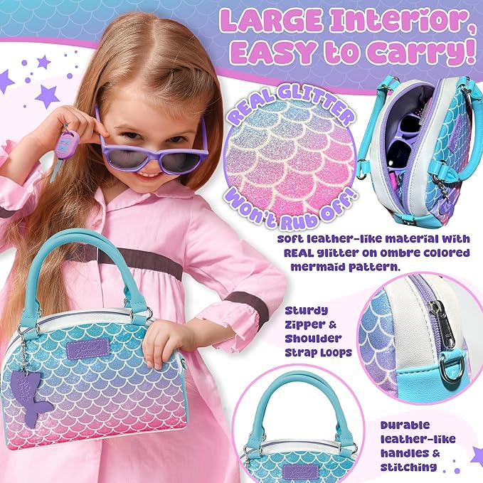 Play Purse for Little Girls and Toddlers - Mermaid Purse Toys for Kids Pretend Play Accessories: Phone, Wallet, Credit Cards, Keys, Pretend Makeup Mermaid Gift for Girl Age 3 4 5 6 7 8 Years and Up