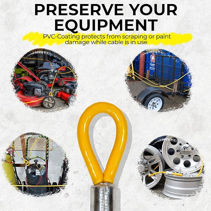 20FT (1/2") Commercial Security Cable with Loops - Galvanized Braided Steel Security Cable to Secure High Value Equipment - PVC-Coated Anti Theft Locking Cable for Trailers, Mowers and E-Bikes