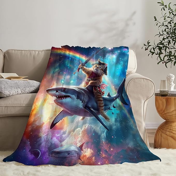 Funny Cat Blanket Fleece Soft Warm Plush Cat Shark Space Galaxy Throw Blanket Lightweight Plush Fuzzy Cozy Kitten Blankets for Boys Girls Kids Adult Suitable for Couch Sofa Bed 50"X40"