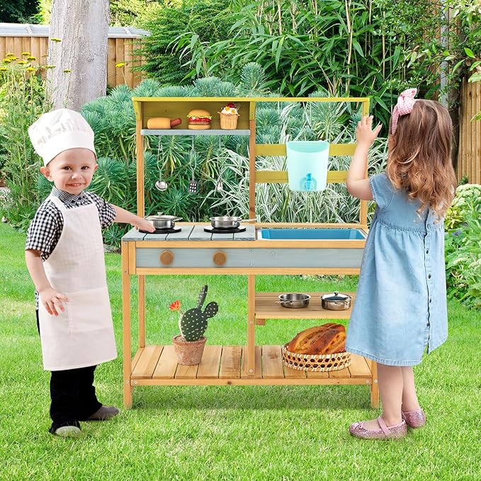 Costzon Wooden Kids Play Kitchen, Outdoor Mud Kitchen with Removable Sink, Water Box & Faucet, Stove Top, Storage Shelves, Fun Backyard Pretend Kitchen Playset for Boys Girls 3+ (Blue)