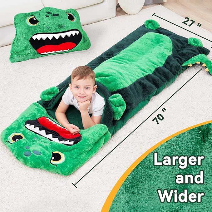 iPlay, iLearn Kids Dinosaur Sleeping Bag, Toddler Boy Dino Nap Mat, Plush Animal Slumber Bag 2 In 1 Pillow Daycare Preschool Kindergarten Birthday Gift Travel Sleepover 3 4 5 6 7 8 10 12 Yr Child Teen