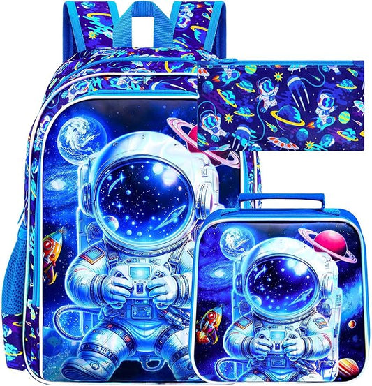 16" Space Backpack for Boy, 3Pcs Astronaut Bookbag for Elementary Preschool Kindergarten, Kids School Backpacks with Lunch Box (Blue)