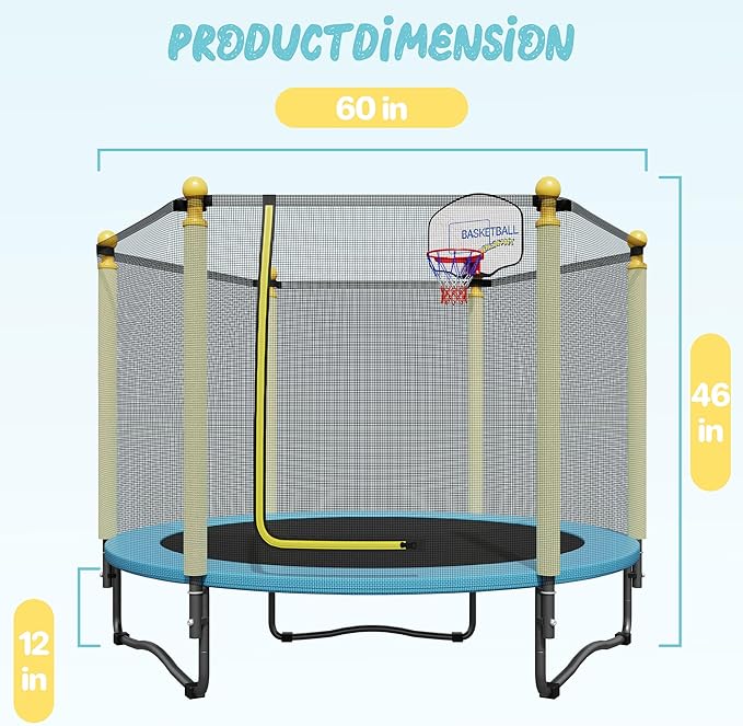 60" Trampoline for Kids, Indoor & Outdoor Trampoline with Net, Basketball Hoop Birthday Gifts for Boys & Girls, Baby Toddler Christmas Toys/Green