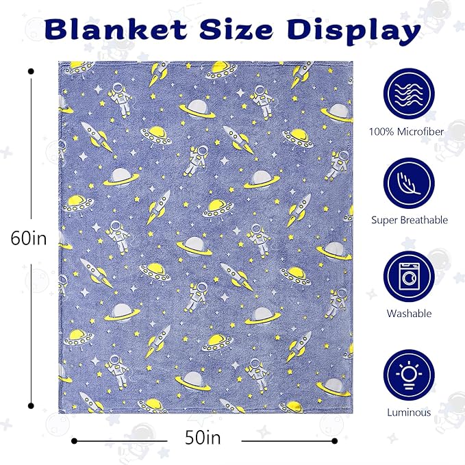 QSTEHEML Space Glow in The Dark Blanket,Galaxy Gifts Toys for Kids Boys Age 3-12 Years Old,Birthday, Decor for Child, Toddler, Teen and Grandkids Soft Throw 50"×60"